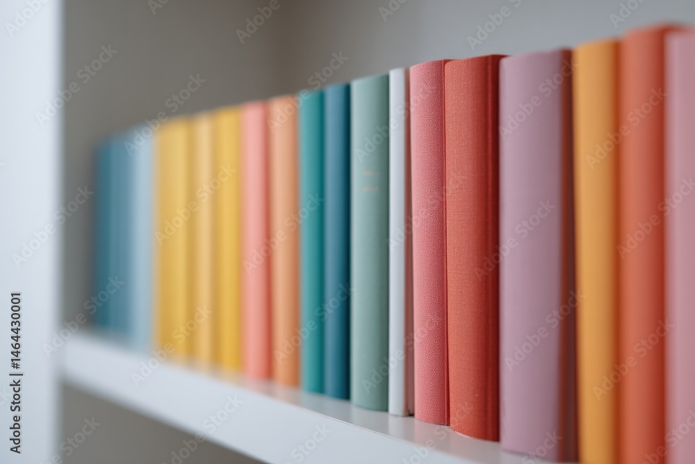 Poster capture close-up of well-organized bookstore shelf showcasing row of colorful book spines