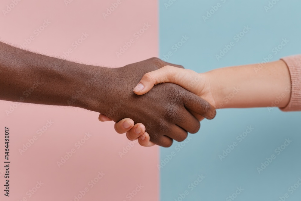 Poster capture clean minimalistic image of two diverse friends shaking hands or exchanging cheerful gesture