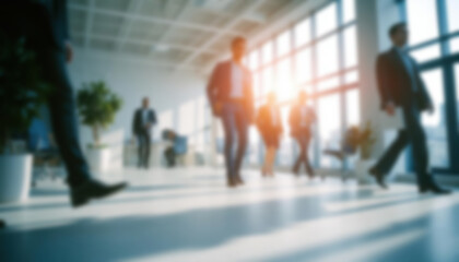 Modern blurred office background with people working and walking, captured straight-on from knee level. Clean design, soft blur. Ideal for business, teamwork, collaboration, and corporate visuals.
