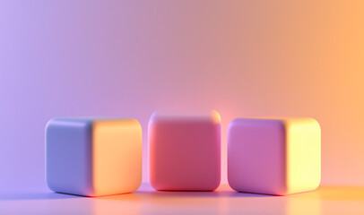 Three pastel-colored cubes on a gradient background with soft hues of pink, yellow, blue, and purple. 