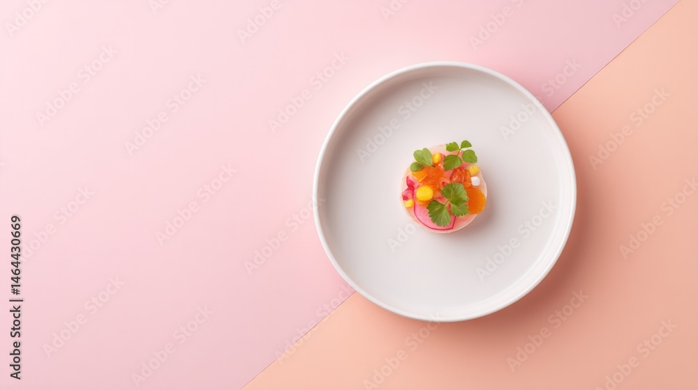 Poster capture single gourmet dish on smooth solid color backdrop with ample copy space for text placement