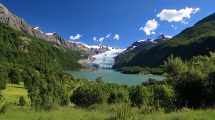 Obraz premium Lush green valley with a clear blue glacier-fed lake.