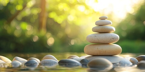 Obraz premium Tranquil Stone Tower on Riverbank with Smooth Pebbles and Gentle Flowing Water in a Serene Natural Landscape Under Soft Light