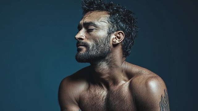 Portrait of a man with short, dark, curly hair and a beard. He is shirtless, and his body is covered in small, dark specks. The background is a dark teal color. The lighting is moody and dramatic