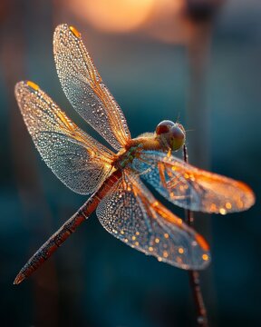 Close-up macro of a dewy dragonfly with transparent wings glistening in the warm sunrise light against a colorful bokeh background