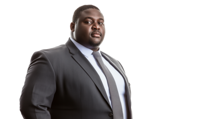 portrait of an obese African businessman professional photo in suit, isolated on transparent background. Design element for poster, publicity. Heavy weight businessman body inclusivity. Plus size blac