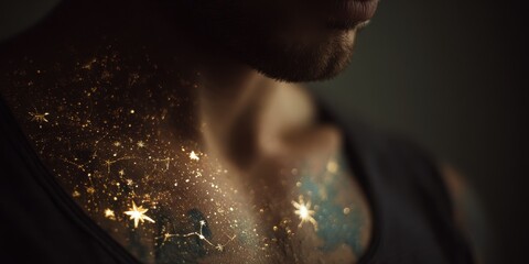 Close-up of a man's chest with a glitter tattoo design.