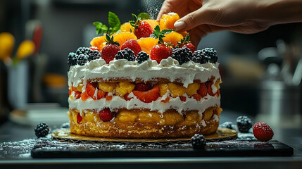 A Hand Dusting Powdered Sugar on a Layered Fruit Cake