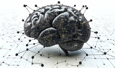 Abstract Black Brain with Circuitry and Connections on White Background