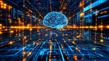 Abstract Digital Brain in a Glowing Network of Data