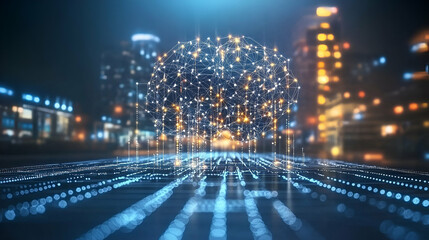 Abstract Digital Brain Network over Glowing Cityscape at Night