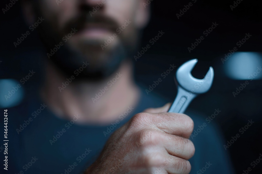 Poster close-up of mechanic hands working with tools in bright organized garage background subtly blurred t