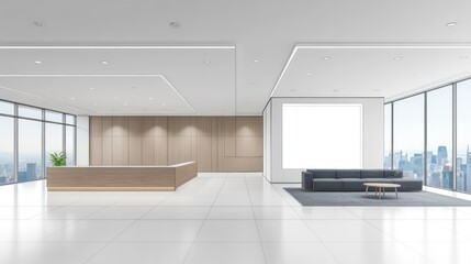 Modern office reception area with city view minimalist design and wooden reception desk