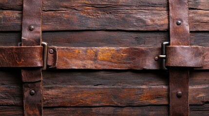A close-up image showcasing a rustic wooden surface bound with worn leather straps, highlighting the intricate textures and aged charm of traditional craftsmanship.