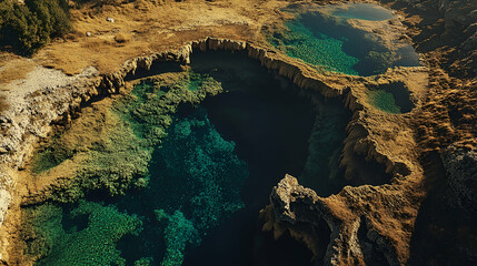 Aerial View of a Deep Green Rock Pool with Brown and Gold Textures