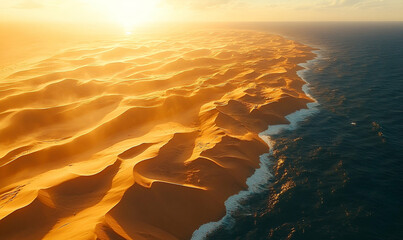 Aerial View of Golden Sand Dunes Meeting the Ocean at Sunset