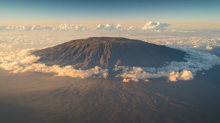 Aerial View of Mountain Peak Above Clouds at Sunrise