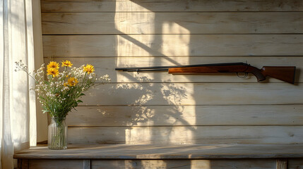 Rustic interior still life rifle and yellow flowers in sunlight