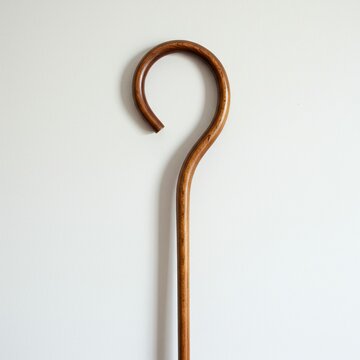 Close-up of a wooden walking cane against a plain white wall.