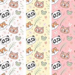 Cute watercolor colorful animals seamless pattern background with hand drawn doodle vector green frog, orange fox, panda, brown teddy bear, grey kitten, pink bunny