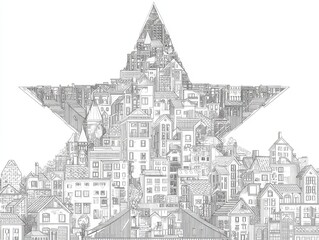 Naklejka premium Detailed cityscape design within a five-pointed star shape.