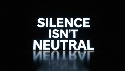 Strong all-caps message “Silence Isn’t Neutral” in bold white font, dark background with reflective glow under the text