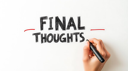 Last words written on a board. A hand is holding a pen as the last phrases and ideas are written down.