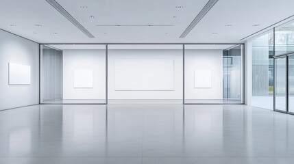Empty modern art gallery interior with blank canvases and glass walls