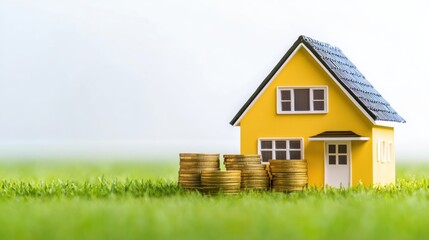 Yellow house model with gold coins on grass real estate finance and investment concept