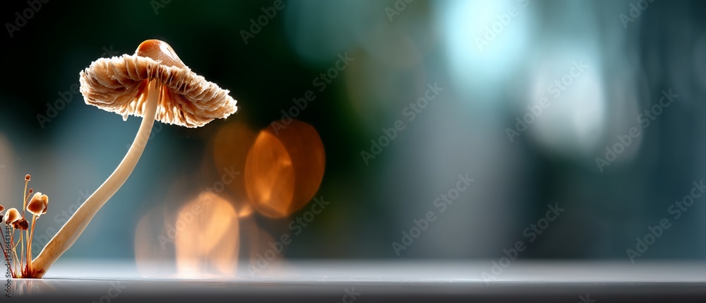 Poster illuminated mushroom with tiny stems, bokeh background and soft focus