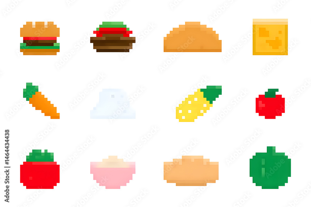 Poster collection set of pixelated food icons isolated on white background