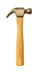 The hammer, a tool with a metal head and wooden handle, used for pounding nails into surfaces, is isolated on a white background, showing its simplicity and function.