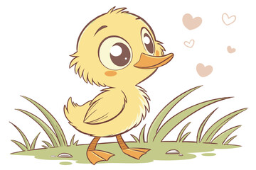 92 Cute cartoon duckling, fluffy yellow feathers, big expressive eyes, orange beak and feet, cheerful expression, standing on grass, soft pastel colors, children's book illustration style, digital art