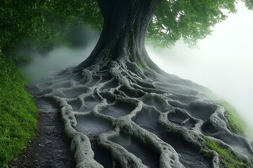 Ancient Tree Roots in Misty Forest