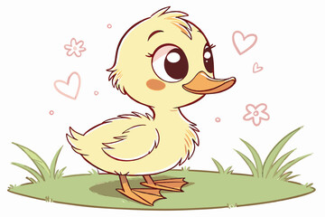 92 Cute cartoon duckling, fluffy yellow feathers, big expressive eyes, orange beak and feet, cheerful expression, standing on grass, soft pastel colors, children's book illustration style, digital art