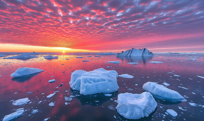 Arctic Ocean Sunset with Pink Clouds and Icebergs