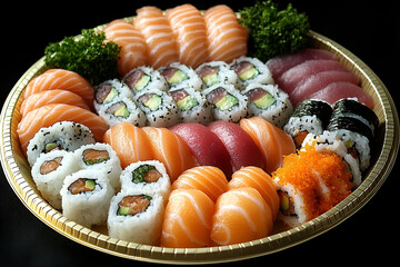 Assorted Sushi and Sashimi Platter on a Gold Tray