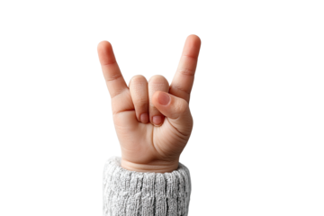 A small child's hand displays a "rock on" or "devil horns" hand gesture against a plain white background, wea a gray knitted sleeve for warmth.