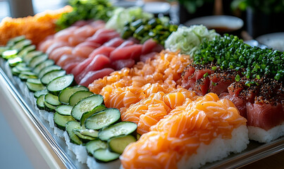 Assorted Sushi and Sashimi Platter with Cucumber Garnishes