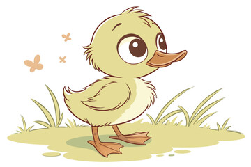 92 Cute cartoon duckling, fluffy yellow feathers, big expressive eyes, orange beak and feet, cheerful expression, standing on grass, soft pastel colors, children's book illustration style, digital art