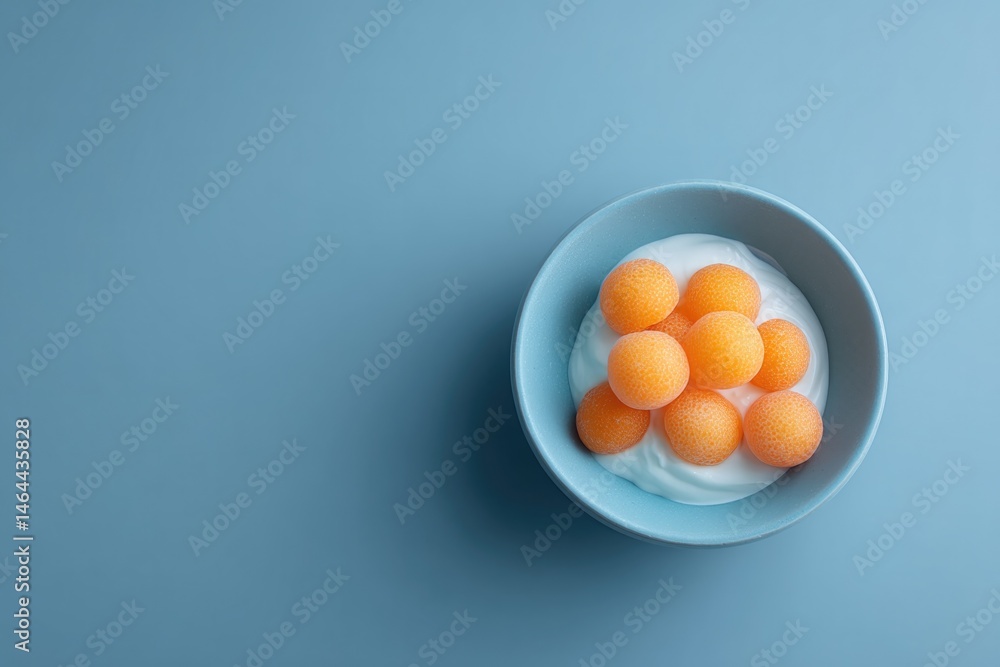 Poster minimalistic top-down image of children nutritious food on clean solid color background with ample c