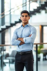 Obraz premium Young professional man standing confidently in modern office space with arms crossed, business attire, workplace environment, career growth, self-assured demeanor.