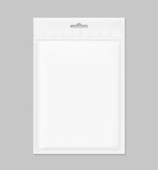 Sachet bag with euro slot mockup. Hyper realistic vector illustration isolated on grey background. Ready for use in your design. EPS10.
