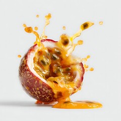 Squashed passion fruit with juice pouring, against a white background