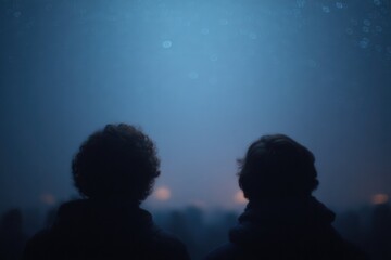 two silhouettes staring at night sky against blurred crowd backdrop vast starry sky offers ample copy space