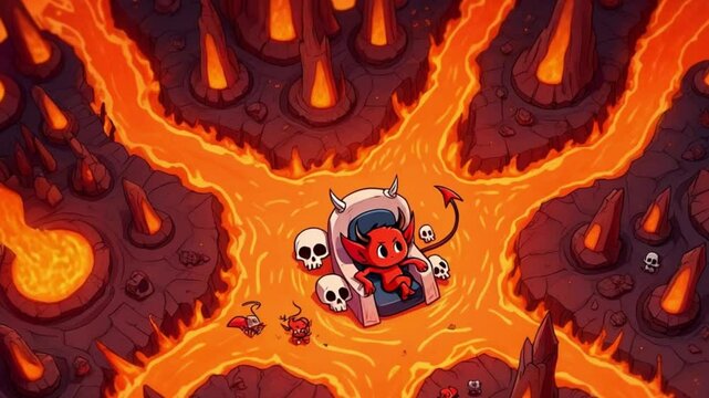 Cartoon Devil on Throne in Lava Hellscape