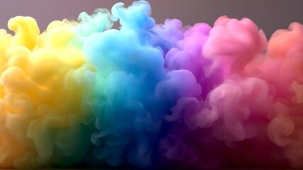 Abstract image of colorful smoke plumes in a rainbow spectrum against a neutral gray background. The smoke is soft, fluffy, and dreamlike. It resembles a horizontal band of pastel-colored clouds - Powered by Adobe