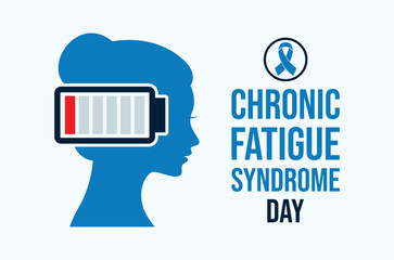 Chronic Fatigue Syndrome Day poster vector illustration. Female head and low battery symbol. ME/CFS blue awareness ribbon icon. Template for background, banner, card. May 12. Important day