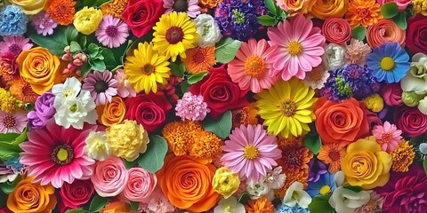 A vibrant flower field under a clear blue sky with colorful blooms.