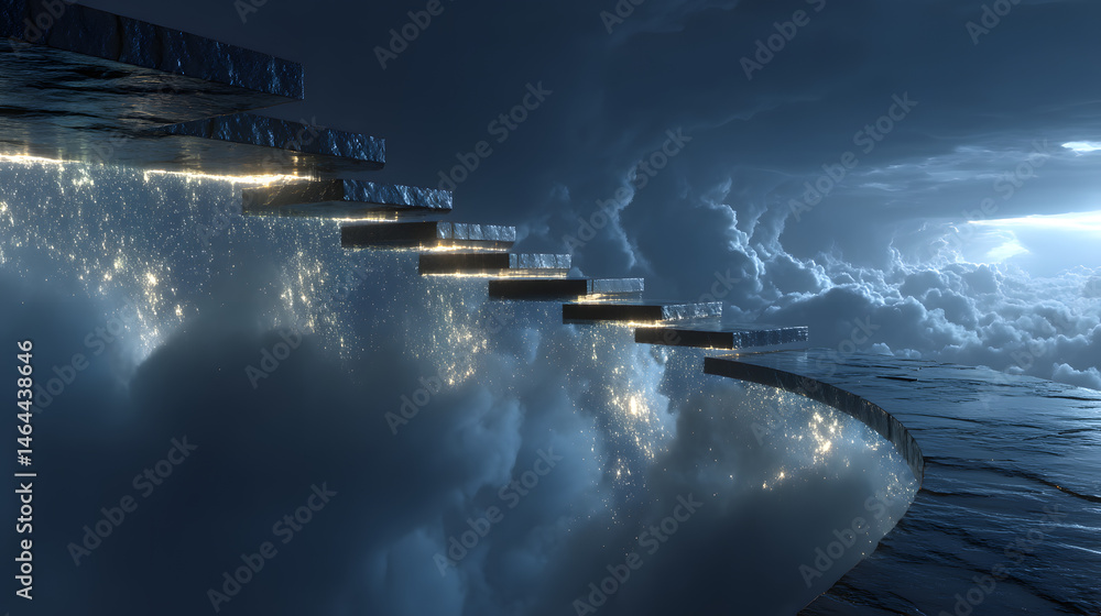 Poster abstract floating bridge surreal staircase in cloudscape